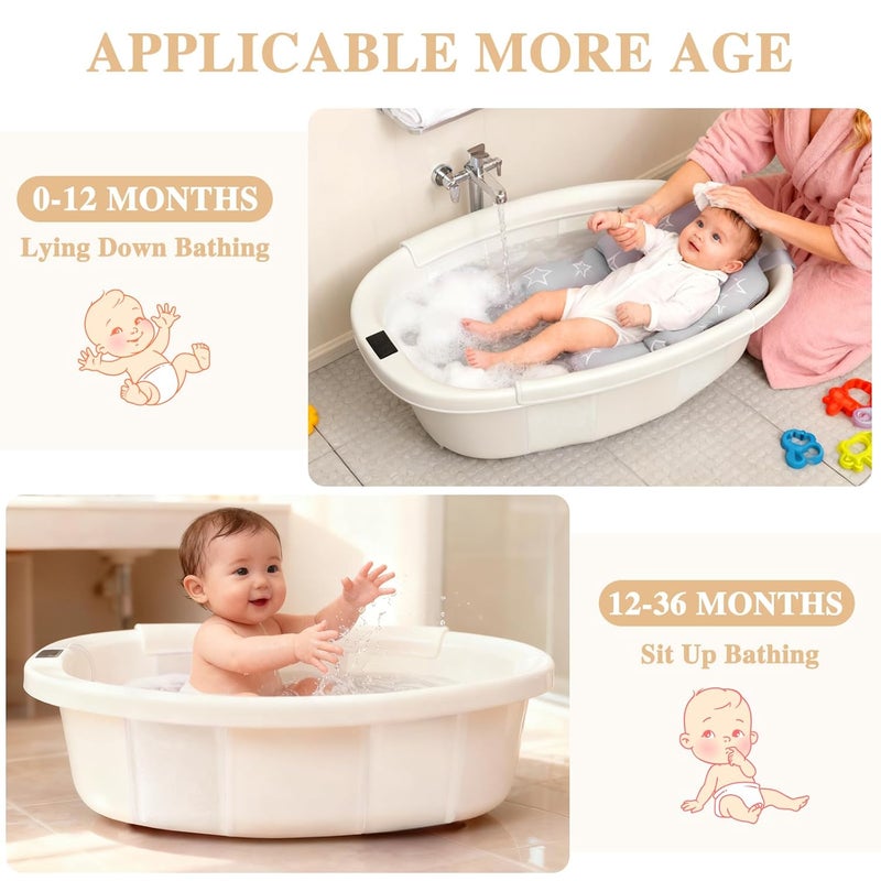 EverKiddo Baby Bathtub, Baby Bath Tub with Thermometer & Soft Cushion, Collapsible Infant Bathtub for Newborn to Toddler 0-36 Months, Quick Use & Portable for Travel(White) - Image 4